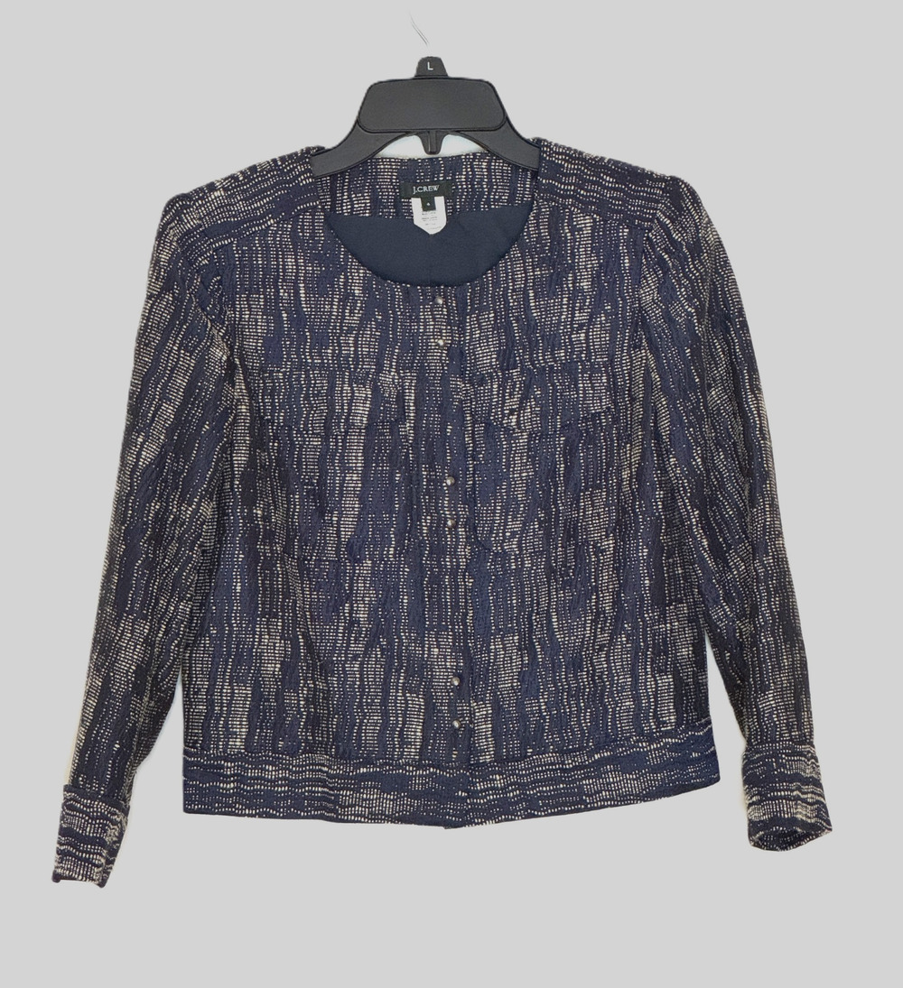 J.Crew Collarless Tweed Lady Jacket 4 S Navy Blue White Striped 3/4 Sleeve 37112